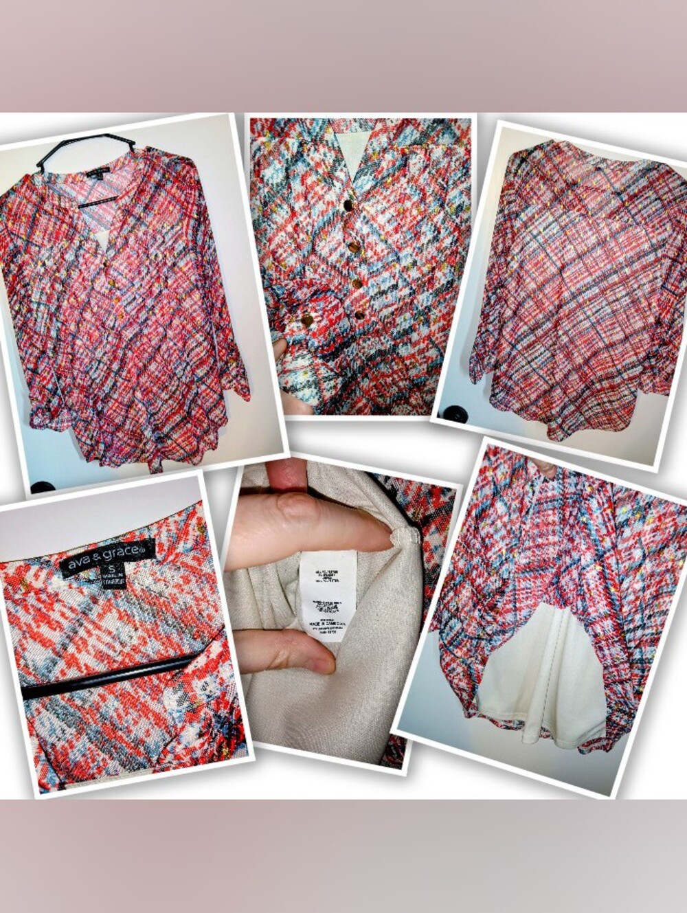 Ava & Grace Multicolor Plaid V-Neck Button Front Blouse - Red, Blue, White